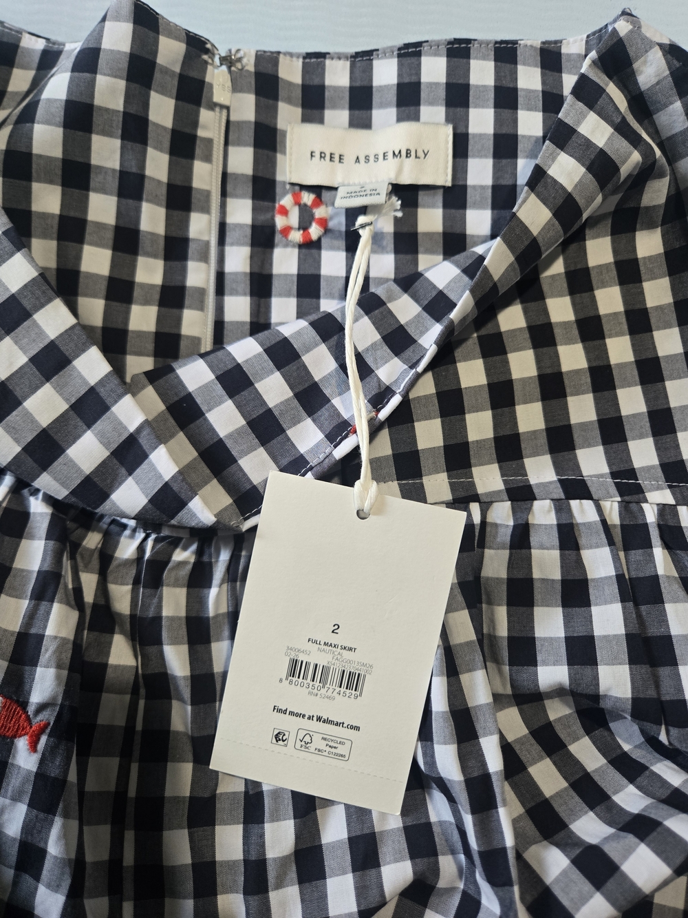 Black and White Gingham A-Line Midi Skirt with Red & Blue Embroidery - Picture 6 of 6